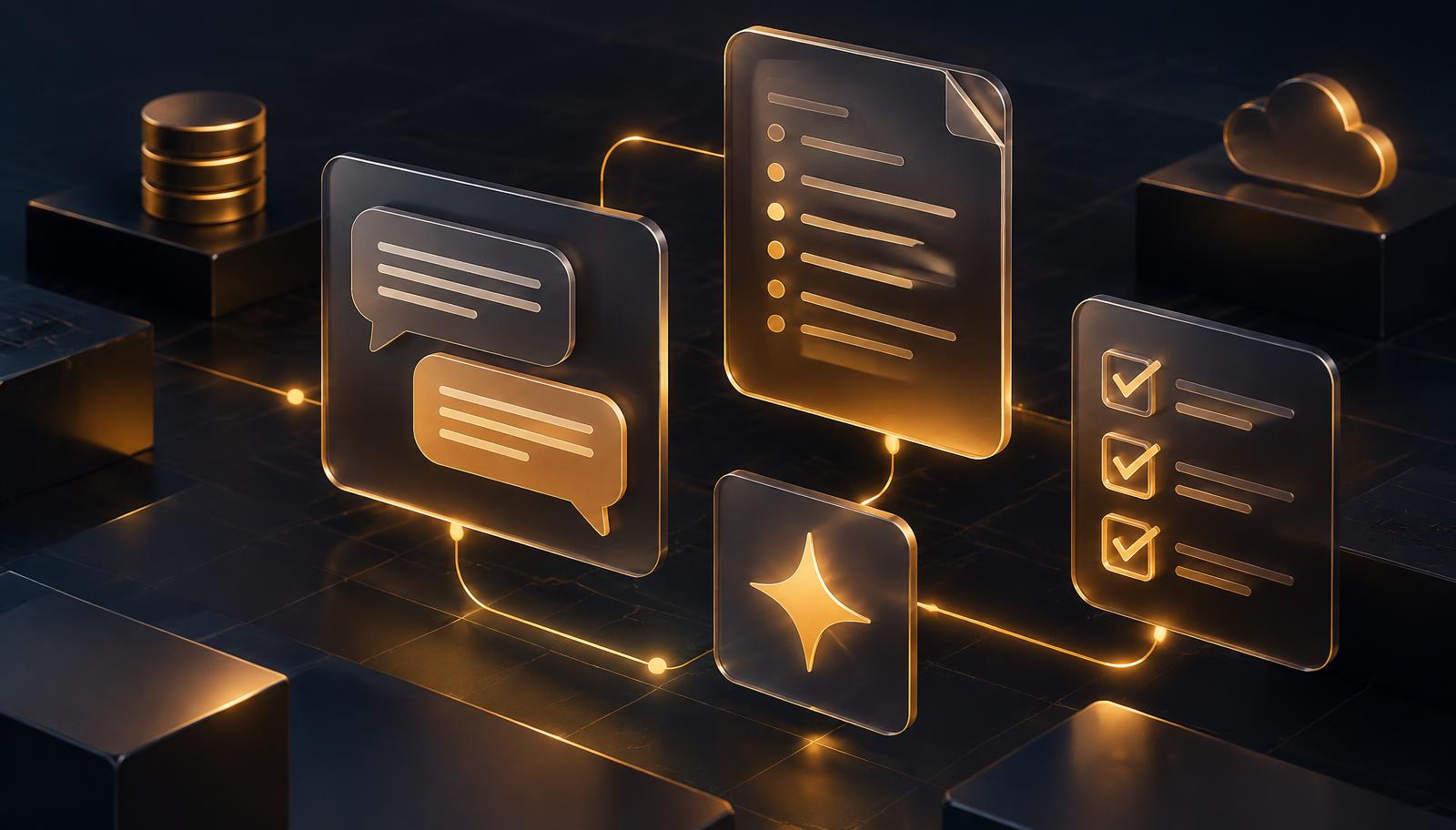 Illustration of AI chat, documents and checklists connected in a workflow